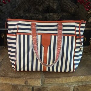 NWT Stella &Dot navy blue and white Striped Tote Bag with Orange Accents.